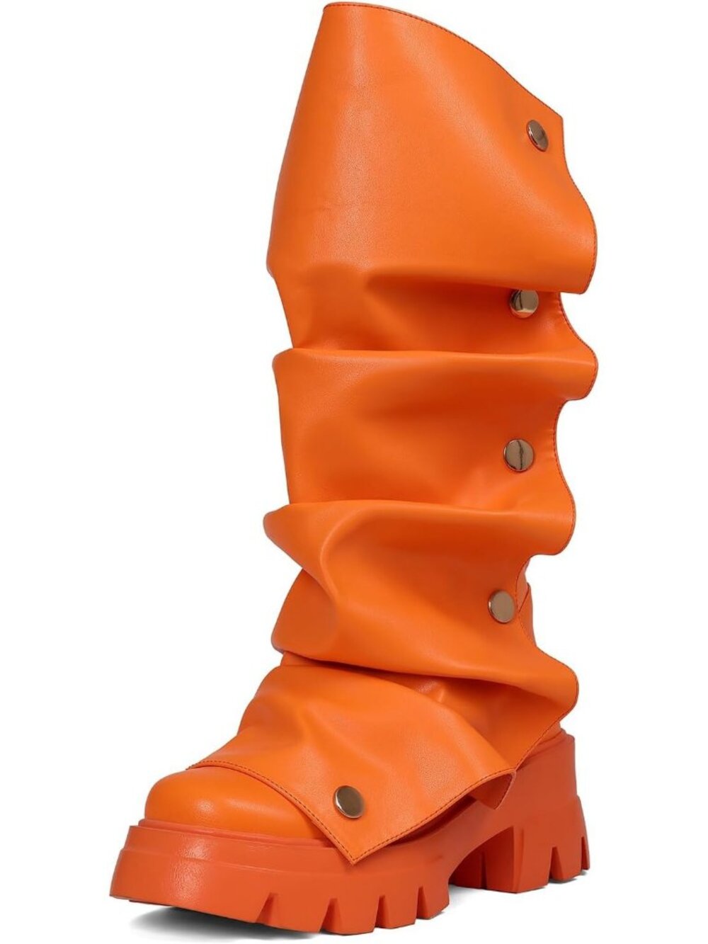 Women's Orange Faux Leather Fold Over Slouchy Chunky Stacked Round Toe Boots